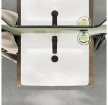 Vue de dessus d une vasque a poser rectangulaire blanche avec mitigeur noir mat et porte-savon sur une console en bois