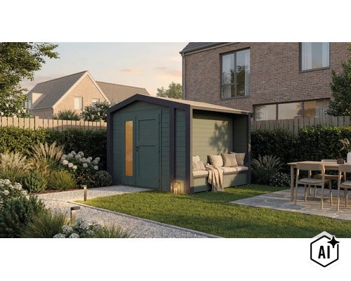Abri de jardin moderne avec banc intégré couvert, fabriqué en bois, situé dans un jardin bien entretenu avec terrasse et pelouse. (Image AI modified or generated)