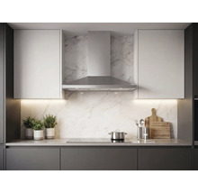 Cuisine moderne avec hotte aspirante en acier inoxydable, plaque de cuisson, crédence en marbre et meubles hauts clairs.