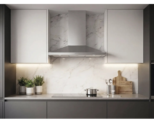 Cuisine moderne avec hotte aspirante en acier inoxydable, plaque de cuisson, crédence en marbre et meubles hauts clairs.