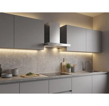 Cuisine grise moderne avec meubles hauts et bas, hotte aspirante, plaque de cuisson, évier et éclairage LED intégré.