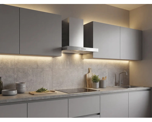 Cuisine grise moderne avec meubles hauts et bas, hotte aspirante, plaque de cuisson, évier et éclairage LED intégré.