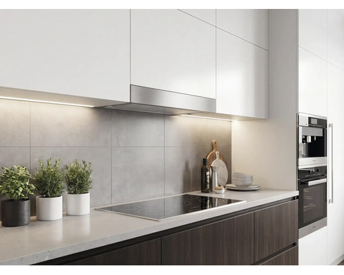 Cuisine moderne avec éléments hauts blancs, hotte aspirante en acier inoxydable, paroi arrière grise et plaque de cuisson.