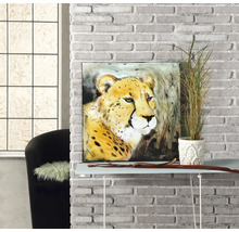 Quadratisches Wandbild mit Gepard-Motiv auf einem Konsolentisch vor einer weißen Ziegelwand neben einer Zimmerpflanze.