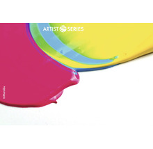 Flüssige, glänzende Künstlerfarbe von Marabu, die ineinander verläuft, mit dem Schriftzug Artist Series.
