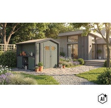 Abri de jardin en bois avec appentis intégré et double porte, situé dans un jardin moderne avec une allée en dalles de pierre. (Image AI modified or generated)