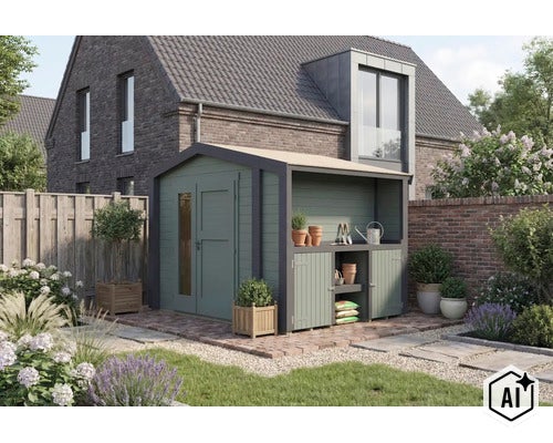 Abri de jardin moderne avec auvent intégré et porte double dans un jardin soigné devant une maison. (Image AI modified or generated)