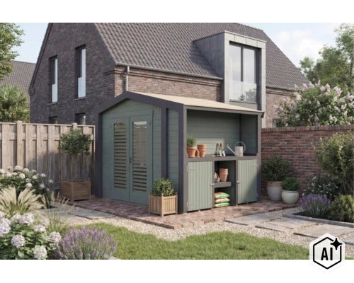 Abri de jardin en bois avec abri intégré et double porte, situé dans le jardin devant une maison en brique. (Image AI modified or generated)