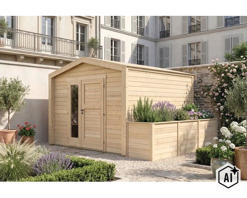Abri de jardin en bois avec jardinière intégrée dans un jardin ensoleillé devant un bâtiment classique. (Image AI modified or generated)