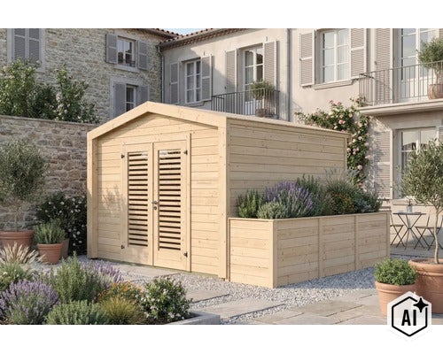 Abri de jardin en bois avec jardinière intégrée devant une maison avec mur en pierre et plantes au jardin. (Image AI modified or generated)