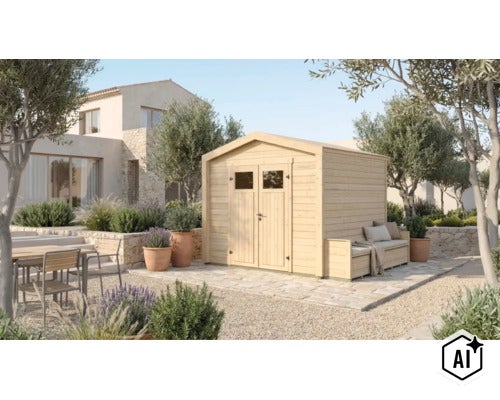 Abri de jardin en bois avec porte double et banc intégré dans un jardin bien entretenu devant une maison moderne. (Image AI modified or generated)