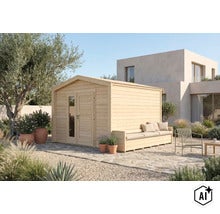 Abri de jardin en bois avec porte double et banc intégré sur une terrasse devant une maison moderne. (Image AI modified or generated)