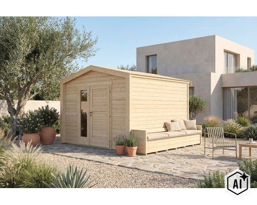 Abri de jardin en bois avec porte double et banc intégré sur une terrasse devant une maison moderne. (Image AI modified or generated)