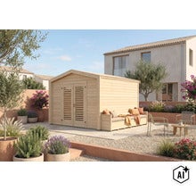 Abri de jardin en bois avec banc intégré et porte double à lames dans le jardin. (Image AI modified or generated)