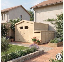 Abri de jardin en bois avec annexe intégrée dans un jardin soigné avec parterres de fleurs et dalles de terrasse. (Image AI modified or generated)