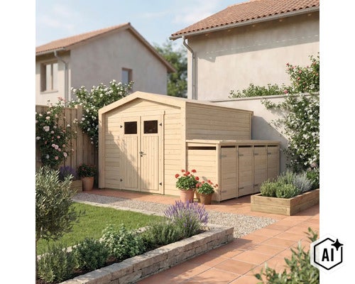 Abri de jardin en bois avec annexe intégrée dans un jardin soigné avec parterres de fleurs et dalles de terrasse. (Image AI modified or generated)