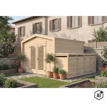 Abri de jardin en bois avec double porte et appentis pour poubelles dans un jardin ensoleillé avec des parterres de fleurs. (Image AI modified or generated)