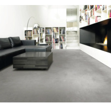Salon moderne avec revêtement de sol gris aspect béton, canapé en cuir noir, table basse foncée et cheminée minimaliste.