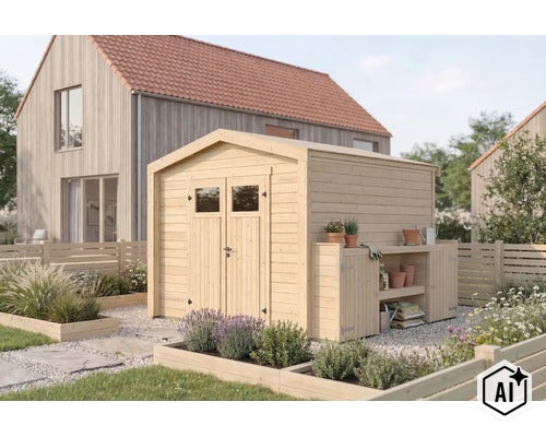 Abri de jardin en bois avec porte double et table de rempotage attenante dans un jardin moderne avec des bacs surélevés. (Image AI modified or generated)