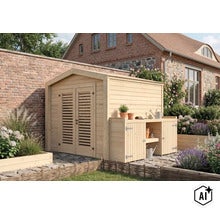 Abri de jardin en bois avec table de rempotage intégrée, double porte à lamelles et toit à deux versants, dans un jardin devant un mur en briques. (Image AI modified or generated)