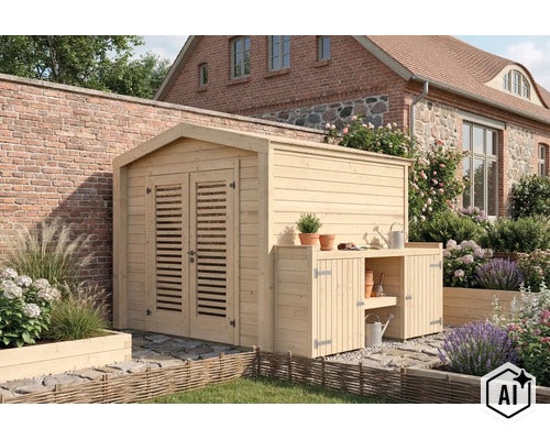 Abri de jardin en bois avec table de rempotage intégrée, double porte à lamelles et toit à deux versants, dans un jardin devant un mur en briques. (Image AI modified or generated)