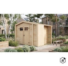 Abri de jardin en bois avec double porte et appentis accolé dans un jardin moderne avec des plantes et un banc. (Image AI modified or generated)