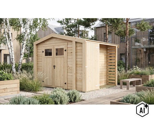 Abri de jardin en bois avec double porte et appentis accolé dans un jardin moderne avec des plantes et un banc. (Image AI modified or generated)