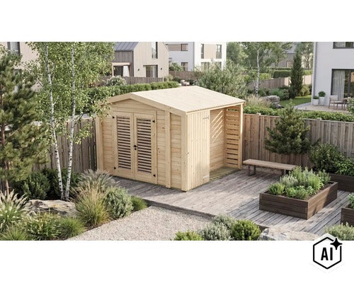Abri de jardin en bois avec porte double et extension latérale intégrée sur une terrasse en bois dans le jardin. (Image AI modified or generated)