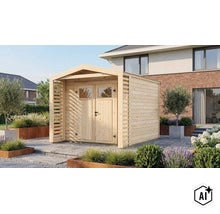 Abri de jardin moderne en bois massif avec double porte et parois latérales de protection visuelle dans un jardin soigné avec terrasse. (Image AI modified or generated)