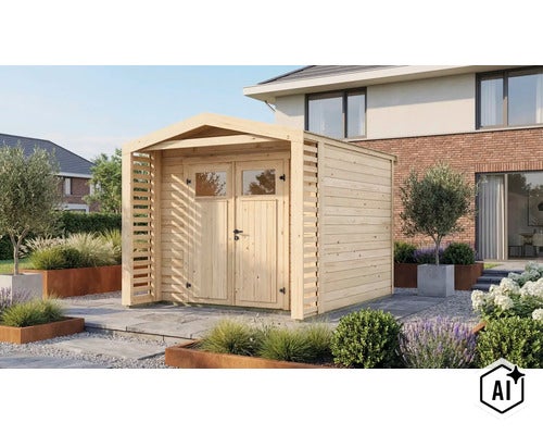 Abri de jardin moderne en bois massif avec double porte et parois latérales de protection visuelle dans un jardin soigné avec terrasse. (Image AI modified or generated)