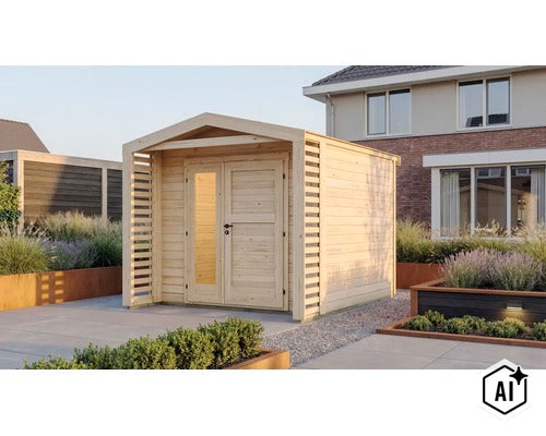 Abri de jardin moderne en bois avec double porte et parois latérales à claire-voie dans un jardin près d une maison. (Image AI modified or generated)
