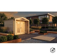 Abri de jardin moderne en bois avec double porte dans un jardin soigné avec bacs à plantes et éclairage indirect au coucher du soleil. (Image AI modified or generated)