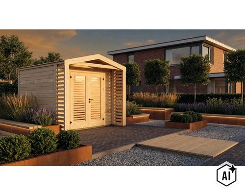 Abri de jardin moderne en bois avec double porte dans un jardin soigné avec bacs à plantes et éclairage indirect au coucher du soleil. (Image AI modified or generated)