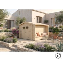 Abri de jardin en bois avec banc intégré sur une terrasse dans un jardin méditerranéen. (Image AI modified or generated)