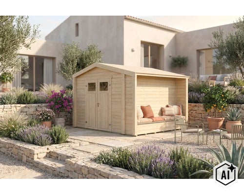Abri de jardin en bois avec banc intégré sur une terrasse dans un jardin méditerranéen. (Image AI modified or generated)