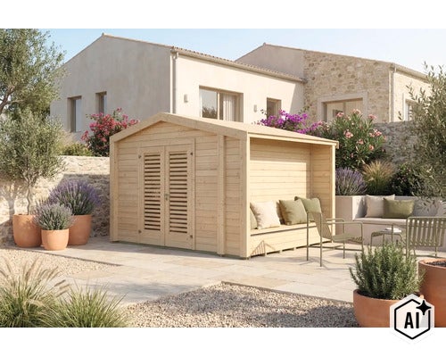 Abri de jardin en bois avec coin salon couvert intégré, double porte avec volets persiennes et jardin attenant de style méditerranéen. (Image AI modified or generated)
