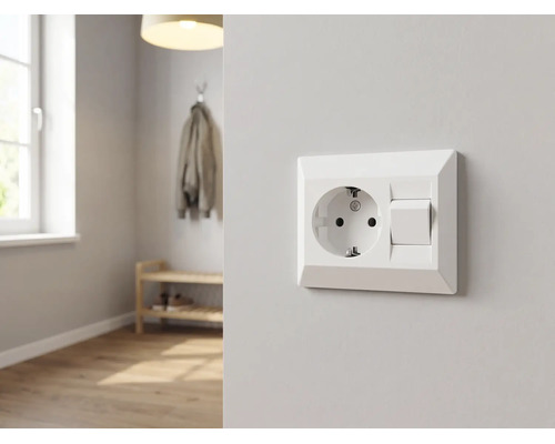 Combinaison prise de courant avec terre et interrupteur sur un mur clair dans une pièce moderne et lumineuse avec parquet.