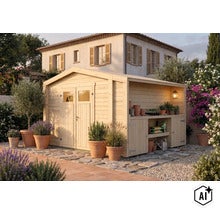 Abri de jardin en bois avec porte double et appentis latéral avec étagères dans un jardin méditerranéen devant une maison. (Image AI modified or generated)