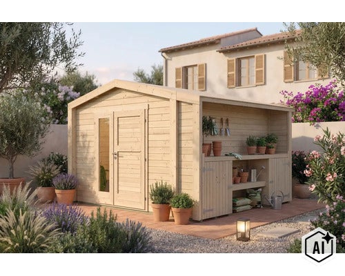 Abri de jardin en bois avec appentis intégré pour outils de jardinage, situé dans un jardin ensoleillé avec des plantes méditerranéennes. (Image AI modified or generated)