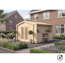 Abri de jardin en bois avec annexe latérale et espace de travail dans un jardin devant une maison. (Image AI modified or generated)