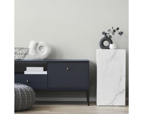 Salon moderne avec buffet sombre, piédestal aspect marbre, coquillage décoratif, vase et pouf en tricot gris.