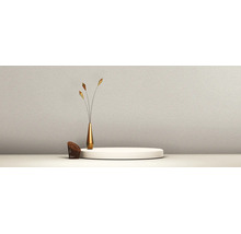Mur texturé avec un podium rond, un vase doré élancé avec trois branches décoratives et un petit fauteuil tressé marron.