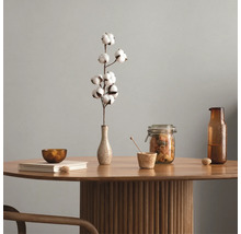 Exemple de décoration avec une branche de coton dans un vase sur une table ronde en bois avec pied cannelé, bocaux et bouteille en verre.