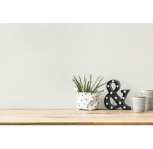 Papier peint texturé dans une pièce lumineuse et moderne derrière une étagère en bois avec une petite plante, une esperluette et des bocaux.