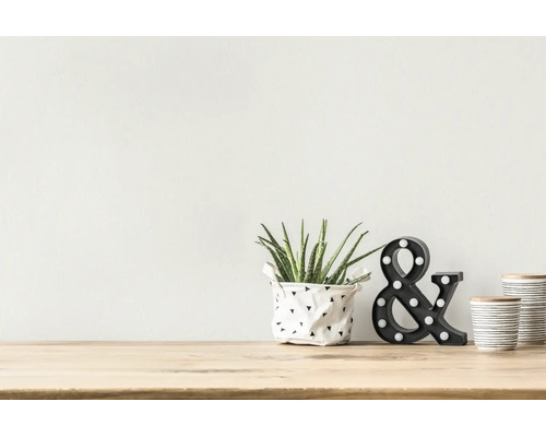 Décoration d'intérieur moderne sur table en bois avec succulente, esperluette lumineuse noire et boîtes en céramique rayées.