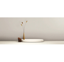 Décor minimaliste avec un podium blanc circulaire, un vase doré élancé doté de tiges décoratives et un petit élément tressé.