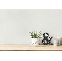Papier peint intissé blanc texturé sur un mur au-dessus d'une table en bois clair avec une plante et des éléments décoratifs.