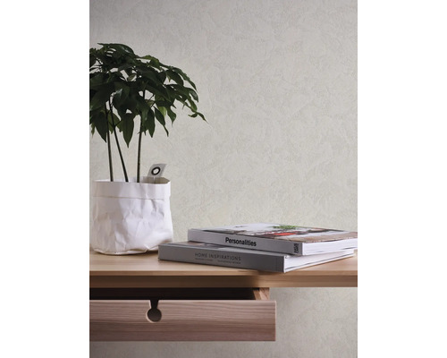 Papier peint intissé structuré avec aspect crépi derrière un bureau en bois clair avec une plante d'intérieur et des livres.