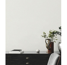 Papier peint à texture fine dans une pièce lumineuse et organisée avec un buffet en bois sombre, une plante d'intérieur et de la décoration.