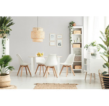 Salle à manger moderne et lumineuse avec table blanche, chaises aux pieds en bois, grande suspension en osier, étagère blanche et plantes vertes.